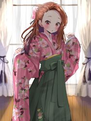 Rule 34 | 1girl, blurry, blush, bow, breasts, brown hair, commentary, curtains, day, depth of field, dot nose, floral print kimono, furisode, green bow, green hakama, hair bow, hair ribbon, hakama, hands up, highres, idolmaster, idolmaster (classic), idolmaster million live!, idolmaster million live! theater days, indoors, japanese clothes, kimono, long hair, long sleeves, looking at viewer, minase iori, open mouth, pink kimono, pink ribbon, red eyes, ribbon, sleeves past fingers, sleeves past wrists, small breasts, solo, striped clothes, striped kimono, sunlight, waist bow, wide sleeves, window, wooden floor, yuanagae