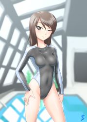 Rule 34 | 10s, 1girl, ;), aozame takao, breasts, brown eyes, brown hair, competition swimsuit, covered navel, girls und panzer, gluteal fold, hand on thigh, highres, indoors, long hair, long sleeves, matching hair/eyes, medium breasts, mika (girls und panzer), one-piece swimsuit, one eye closed, pool, rei no pool, signature, smile, solo, standing, swimsuit