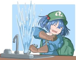 Rule 34 | 1girl, backpack, bag, blue background, blue eyes, blue hair, blue shirt, blue skirt, brown gloves, collared shirt, faucet, flat cap, gloves, green hat, hair bobbles, hair ornament, hat, kawashiro nitori, key, leaking, long sleeves, mefomefo, pocket, rubber gloves, shirt, short hair, sink, skirt, skirt set, touhou, twintails, water, wrench