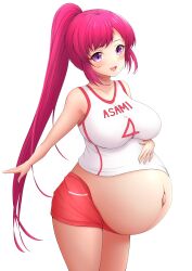 Rule 34 | 1girl, absurdres, asami kei, big belly, blush, breasts, collarbone, cowboy shot, girlfriend (kari), highres, large breasts, long hair, midriff, natsuki dgug, open mouth, pink hair, ponytail, pregnant, purple eyes, shiny skin, sidelocks, smile, solo, sportswear, standing, thighs, uniform number, very long hair, volleyball uniform, white background