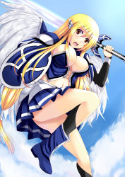 Rule 34 | angel wings, astraea (sora no otoshimono), blonde hair, blush, long hair, red eyes, shield, skirt, sora no otoshimono, sword, weapon, wings