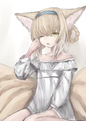 Rule 34 | 1girl, absurdres, animal ear fluff, animal ears, arknights, blonde hair, blue hairband, braid, braided hair rings, collarbone, commentary request, dress, fox ears, fox girl, fox tail, frilled dress, frills, green eyes, hair between eyes, hair rings, hairband, hand up, highres, long sleeves, looking at viewer, multicolored hair, off-shoulder dress, off shoulder, one eye closed, parted lips, piennamekuzi, puffy long sleeves, puffy sleeves, sitting, sleepy, solo, suzuran (arknights), tail, tears, twin braids, two-tone hair, wariza, white dress, white hair