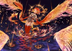 Rule 34 | 1girl, :d, azur lane, breasts, cannon, commentary request, fiery wings, fire, flaming halo, garter straps, halo, highres, medium breasts, multicolored hair, open mouth, orange hair, phoenix (azur lane), red hair, red thighhighs, short hair with long locks, smile, solo, thighhighs, turret, two-tone hair, water, wings, yashiron2011