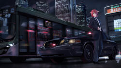 Rule 34 | 1other, absurdres, black necktie, black pants, black suit, building, bus, car, closed mouth, ford crown victoria, formal, green eyes, hair over one eye, highres, medium hair, motor vehicle, necktie, night, original, pant suit, pants, png pant (bus), police car, red hair, shirt, solo, standing, suit, unmarked police car, white shirt