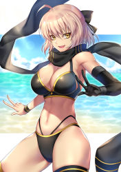 Rule 34 | 1girl, ahoge, armband, asymmetrical gloves, asymmetrical legwear, bad id, bad pixiv id, bikini, black bikini, black bow, black gloves, black legwear, black scarf, blonde hair, blue sky, bow, breasts, cleavage, cloud, commentary request, fate/grand order, fate (series), gloves, hair between eyes, hair bow, highleg, highres, large breasts, md5 mismatch, nasaniliu, navel, ocean, okita j. souji (fate), okita j. souji (first ascension) (fate), okita souji (fate), okita souji (koha-ace), resolution mismatch, scarf, short hair, single glove, skindentation, sky, smile, solo, swimsuit, thigh strap, uneven gloves, uneven legwear, white background, yellow eyes