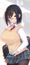 Rule 34 | 1girl, absurdres, black hair, bob cut, breasts, cellphone, glasses, highres, large breasts, looking at viewer, necktie, original, phone, pleated skirt, purple eyes, school uniform, shiki (psychedelic g2), short hair, skirt, smartphone, solo, thighhighs