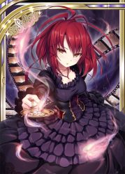 Rule 34 | 1girl, akkijin, candle, candle wax, candlelight, candlestand, card (medium), corset, dress, film strip, looking at viewer, purple dress, red hair, shinkai no valkyrie, short hair, yellow eyes
