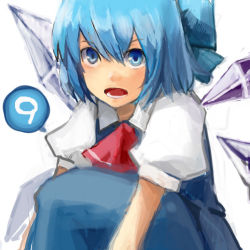 Rule 34 | circled 9, 1girl, akatsuki hiro, ascot, blue eyes, blue hair, bow, cirno, hair bow, ice, ice wings, lowres, matching hair/eyes, open mouth, short hair, solo, touhou, wings