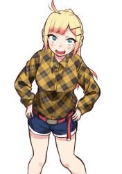 Rule 34 | 1girl, absurdres, ahoge, belt, blonde hair, blush, breasts, commentary request, denim, denim shorts, doujima-kun wa doujinai, fang, feet out of frame, from above, gradient hair, green eyes, hair ornament, hairclip, hands on own hips, highres, himewaka (doujima-kun wa doujinai), large breasts, long hair, long sleeves, looking at viewer, looking up, multicolored hair, official art, open mouth, panyakawa, plaid, plaid shirt, red belt, shirt, short shorts, shorts, slit pupils, smile, solo, standing