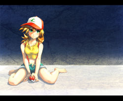 Rule 34 | 1girl, alternate hair length, alternate hairstyle, bare shoulders, barefoot, baseball cap, blush, breasts, collarbone, creatures (company), crop top, crop top overhang, denim, denim shorts, feet, full body, game freak, green eyes, hair between eyes, hat, holding, holding poke ball, letterboxed, long hair, looking to the side, midriff, misty (pokemon), navel, nintendo, open clothes, open fly, open shorts, orange hair, panties, poke ball, pokemon, pokemon (anime), pokemon (classic anime), sei jun, shirt, short shorts, shorts, simple background, sitting, sleeveless, sleeveless shirt, solo, suspenders, tank top, toes, unbuttoned, underwear, unzipped, wariza, yellow shirt