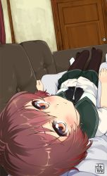 Rule 34 | 10s, 1boy, 1girl, :t, admiral (kancolle), animated, animated gif, black pantyhose, blush, breasts, brown eyes, brown hair, closed eyes, couch, door, green skirt, headpat, kantai collection, looking at viewer, looking back, lying, lying on person, military, military uniform, mokyutan, mutsuki (kancolle), naval uniform, neckerchief, office, on back, one eye closed, pantyhose, pleated skirt, school uniform, serafuku, short hair, short sleeves, skirt, small breasts, smile, uniform