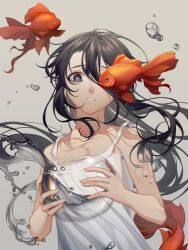 Rule 34 | 1girl, absurdres, black eyes, black hair, commentary, dress, erchongbaojun, fish, fishbowl, flat chest, goldfish, grey background, hair between eyes, highres, holding, long hair, looking at viewer, one eye covered, original, parted lips, simple background, sleeveless, sleeveless dress, solo, spaghetti strap, splashing, symbol-only commentary, teeth, upper body, very long hair, water, water drop, white dress