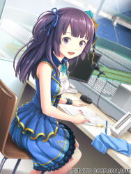 Rule 34 | 1girl, :d, blue ribbon, blue skirt, breasts, chair, computer, desk, dutch angle, hair ornament, hair ribbon, highres, ilog, indoors, long hair, looking at viewer, microphone, monitor, official art, open mouth, paper, pen, purple eyes, purple hair, ribbon, sitting, skirt, small breasts, smile, solo, stadium, star (symbol), star hair ornament, uchida masahiro, watermark, window