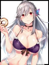 Rule 34 | 1girl, azur lane, bikini, blush, breasts, butterfly hair ornament, choker, cleavage, collarbone, dabadhi, doughnut, dunkerque (azur lane), dunkerque (summer sucre) (azur lane), flower, food, grey hair, hair ornament, hairband, highres, holding, holding food, large breasts, long hair, looking at viewer, pink eyes, ponytail, purple bikini, see-through, sidelocks, solo, swimsuit, upper body