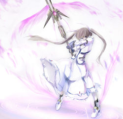Rule 34 | 00s, 1girl, brown hair, dress, energy wings, fighting stance, fingerless gloves, full body, gloves, jacket, long sleeves, looking at viewer, lyrical nanoha, magazine (weapon), magic circle, magical girl, mahou shoujo lyrical nanoha, mahou shoujo lyrical nanoha strikers, open clothes, open jacket, raising heart, raising heart (exceed mode), red hair, rod, shoes, simple background, solo, staff, standing, takamachi nanoha, takamachi nanoha (exceed mode), twintails, wagashi (okashina), white background, white devil, white dress, winged footwear, wings
