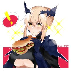Rule 34 | !, 1girl, armor, artoria pendragon (fate), artoria pendragon (lancer alter) (fate), blonde hair, blush, breasts, cleavage, closed mouth, eating, fate/grand order, fate (series), food, food on face, hair between eyes, holding, holding food, ichigopantsu, large breasts, pauldrons, sandwich, shoulder armor, sidelocks, solo, sparkle, spoken exclamation mark, twitter username, underboob, upper body, yellow eyes