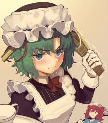 Rule 34 | 2girls, alternate costume, apron, black headwear, blue eyes, boa (brianoa), closed mouth, cup, enmaided, frilled hat, frills, gloves, green hair, hair bobbles, hair ornament, hat, highres, holding, holding scythe, long sleeves, maid, maid apron, medium hair, multiple girls, onozuka komachi, red eyes, red hair, rod of remorse, scythe, shiki eiki, touhou, twitter username, two side up, white apron, white gloves