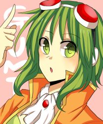 Rule 34 | 1girl, bad id, bad pixiv id, character name, goggles, goggles on head, green eyes, green hair, gumi, matching hair/eyes, gumi (v3 megpoid), open mouth, pointing, pointing up, short hair, solo, sora (kirara114), upper body, vocaloid