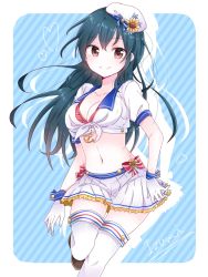 Rule 34 | 10s, 1girl, artist request, bad id, bad twitter id, black hair, blouse, blue background, breasts, brown eyes, character name, cleavage, dress, hat, highres, idolmaster, idolmaster cinderella girls, long hair, midriff, miniskirt, navel, ohishi izumi, outside border, sailor collar, sailor dress, sailor hat, shirt, sketch, skirt, smile, solo, striped, striped background, thighhighs, white shirt, white thighhighs