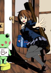 Rule 34 | 1girl, bag, blazer, bookbag, brown eyes, brown hair, door, frog, guitar case, hair ornament, hairclip, hirasawa yui, instrument case, k-on!, kyo9999, open mouth, outstretched arm, pantyhose, pleated skirt, round teeth, school uniform, skirt, solo, teeth