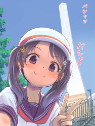 Rule 34 | 1girl, black hair, brown eyes, building, commentary request, day, hair ornament, helmet, highres, ishii (isuwie), leaf, long hair, original, outdoors, school uniform, serafuku, shirt, sky, smile, solo, stairs, tree, twintails, upper body, v, white shirt