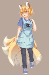 Rule 34 | 1girl, :o, alternate costume, animal ears, animal print, apron, blonde hair, blush, cat print, clothes writing, contemporary, fox ears, fox tail, full body, multiple tails, no headwear, open mouth, pants, shirt, shoes, short hair, short sleeves, simple background, sneakers, solo, standing, sweat, t-shirt, tail, tamahana, touhou, yakumo ran, yellow eyes