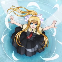 Rule 34 | 00s, air (visual novel), blonde hair, blue eyes, deni m, feathers, from above, kamio misuzu, long hair, looking up, outstretched arms, ponytail, school uniform, solo, spread arms