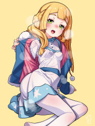 Rule 34 | 1girl, arm support, blonde hair, braid, breasts, bush, buttons, commentary request, creatures (company), dress, eyelashes, game freak, green eyes, highres, hot, jacket, kinocopro, leaning, lillie (pokemon), long hair, long sleeves, looking at viewer, nintendo, open clothes, open jacket, open mouth, opened by self, pantyhose, pokemon, pokemon (anime), pokemon journeys, pokemon swsh111, small breasts, solo, steam, tongue, white dress, white pantyhose, yellow background