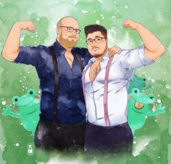 Rule 34 | 2boys, bara, beard, beard stubble, blonde hair, brown hair, chest hair, collared shirt, commission, couple, cropped legs, daisukebear, facial hair, flexing, frog, glasses, green background, hand on another&#039;s shoulder, highres, large pectorals, looking at viewer, male focus, mature male, multiple boys, muscular, muscular male, mustache, original, partially unbuttoned, pectoral cleavage, pectorals, realistic, receding hairline, shirt, short hair, side-by-side, sleeves rolled up, stubble, suspenders, thick mustache, undercut, yaoi