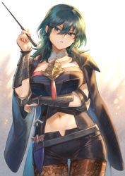 Rule 34 | 1girl, belt, black coat, black shorts, blush, breasts, brown pantyhose, byleth (female) (fire emblem), byleth (fire emblem), cape, cleavage cutout, clothing cutout, coat, dagger, detached collar, fire emblem, fire emblem: three houses, gradient background, green eyes, green hair, hair between eyes, highres, jacket, jacket on shoulders, knife, lace, lace-trimmed legwear, lace trim, large breasts, looking at viewer, mashuu (neko no oyashiro), medium hair, navel, nintendo, open clothes, open coat, pantyhose, pantyhose under shorts, parted lips, pointer, sheath, short shorts, shorts, solo, thighs, weapon