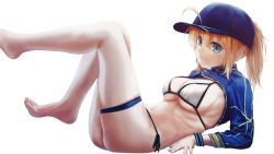Rule 34 | 1girl, artoria pendragon (fate), baseball cap, bikini, blonde hair, blue eyes, breasts, fate (series), feet, hat, jacket, kurono mitsuki, large breasts, looking at viewer, mysterious heroine x (fate), mysterious heroine xx (fate), ponytail, swimsuit, toes, white background