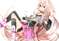 Rule 34 | 1girl, asymmetrical legwear, bare shoulders, blonde hair, boots, green eyes, hand up, ia (vocaloid), long hair, mismatched legwear, pleated skirt, saamigu, simple background, skirt, solo, thigh strap, thighhighs, uneven legwear, very long hair, vocaloid, white background