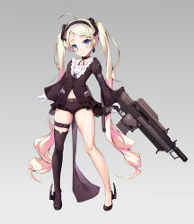 Rule 34 | 1girl, :o, arm strap, asymmetrical footwear, belt buckle, black choker, black footwear, black hairband, black ribbon, black shorts, blonde hair, blue eyes, blush, boots, buckle, choker, collarbone, frills, full body, gloves, gradient background, grey background, gun, hairband, head tilt, holding, holding gun, holding weapon, legs apart, long hair, long sleeves, looking at viewer, multicolored hair, navel, original, parted lips, pink hair, ribbon, ribbon choker, short shorts, shorts, shuffle (songdatiankong), single thigh boot, skindentation, solo, standing, tareme, thigh boots, thigh strap, thighhighs, trigger discipline, two-tone hair, uneven footwear, very long hair, weapon, weapon request, white gloves