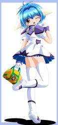 Rule 34 | 00s, 1girl, animal ears, blue hair, dress, galaxy angel, gloves, looking at viewer, looking back, mint blancmanche, one eye closed, open mouth, puffy sleeves, short dress, short hair, simple background, smile, solo, tagme, thighhighs, white background, wink, yellow eyes, zettai ryouiki