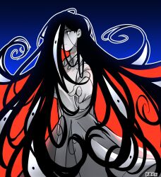Rule 34 | 1girl, arm behind back, artist name, black hair, blue background, buttons, closed mouth, collared dress, colored inner hair, colored skin, dress, foreshortening, frown, gradient background, hair behind ear, hair over one eye, highres, k0re drawings, long hair, looking down, mari (faraway) (omori), mari (omori), multicolored hair, official alternate eye color, omori, outline, pointing, pointing at viewer, red hair, short sleeves, solo, something (omori), spoilers, upper body, very long hair, white dress, white eyes, white outline, white skin