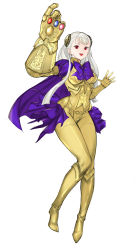 Rule 34 | 1girl, absurdres, albino, armor, avengers: infinity war, avengers (series), boots, breastplate, breasts, capcom fighting jam, cape, commentary request, commission, cosplay, full body, gauntlets, gold armor, hairpods, highres, infinity gauntlet, infinity gems, ingrid (capcom), knee boots, long hair, marvel, marvel cinematic universe, medium breasts, oversized gloves, pixiv commission, purple cape, purple skirt, red eyes, showgirl skirt, skirt, snapping fingers, solo, teeth, tetsu (kimuchi), thanos, thanos (cosplay), upper teeth only, white background, white hair