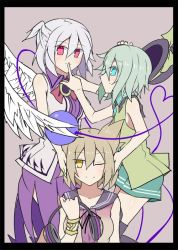 Rule 34 | black border, blush, border, commentary request, finger to another&#039;s mouth, hand on own ear, hand on own ear, headphones, kenuu (kenny), kishin sagume, komeiji koishi, multiple girls, simple background, single wing, smile, third eye, three monkeys, touhou, toyosatomimi no miko, wings