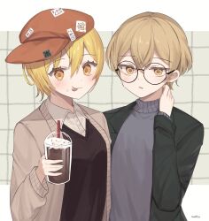 Rule 34 | 1boy, 1girl, blonde hair, blue sweater, blush, brown cardigan, brown headwear, brown sweater vest, cabbie hat, cardigan, closed mouth, coat, collared shirt, cup, disposable cup, don quixote (project moon), green coat, hand up, hat, highres, holding, holding cup, limbus company, looking at viewer, love mintchoco, parted lips, project moon, round eyewear, shirt, sinclair (project moon), sweater, sweater vest, tongue, tongue out, upper body, white shirt, yellow eyes