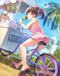 Rule 34 | 1girl, ass, back, bare arms, bare legs, bare shoulders, beach, bicycle, blue sky, bracelet, breasts, brown hair, cart, clothing cutout, cloud, cloudy sky, commentary request, cross-laced clothes, cross-laced cutout, cross-laced one-piece swimsuit, day, earrings, eating, food, food stand, hair ribbon, highres, holding, holding food, ice cream, ice cream cone, idolmaster, idolmaster shiny colors, jewelry, joey koguma, lens flare, long hair, looking at viewer, looking back, medium breasts, mint chocolate, mint chocolate chip, ocean, one-piece swimsuit, open mouth, outdoors, palm tree, pink one-piece swimsuit, pink ribbon, ponytail, red eyes, ribbon, side cutout, sidelocks, sign, sky, slippers, solo, sonoda chiyoko, sprinkles, striped clothes, striped one-piece swimsuit, sunlight, swimsuit, thighs, tree, vertical-striped clothes, vertical-striped one-piece swimsuit