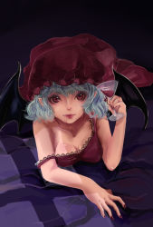 Rule 34 | 1girl, ambiguous red liquid, bare shoulders, bat wings, black background, black wings, blue hair, breasts, cleavage, closed mouth, collarbone, cup, drink, drinking glass, eyelashes, fang, gradient background, hat, highres, lace-trimmed hat, lace trim, looking at viewer, mob cap, nail polish, nomi mochigome, plaid, pointy ears, red eyes, red hat, red lips, red nails, remilia scarlet, short hair, solo, strap slip, touhou, upper body, wine glass, wings