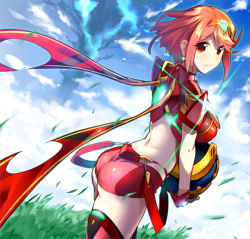 Rule 34 | 1girl, armor, ass, chikugen shiina, closed mouth, covered navel, crotchless, crotchless pants, day, earrings, fingerless gloves, gloves, jewelry, looking at viewer, nintendo, pants, pyra (xenoblade), red eyes, red hair, red shorts, short hair, shorts, shoulder armor, sidelocks, sky, solo, swept bangs, tiara, xenoblade chronicles (series), xenoblade chronicles 2