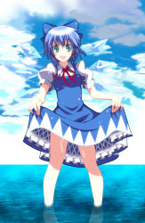 Rule 34 | 1girl, aqua eyes, blue eyes, blue hair, bow, cirno, clothes lift, cloud, day, dress, dress lift, embodiment of scarlet devil, hair bow, highres, legs, matching hair/eyes, neck ribbon, ocean, open mouth, outdoors, petticoat, ribbon, satou samu, short hair, skirt hold, sky, solo, touhou, wading, water, wings