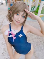 Rule 34 | blue eyes, competition swimsuit, cosplay, cosplay photo, grey hair, highres, looking at viewer, love live!, love live! sunshine!!, mi yan 0728, one-piece swimsuit, photo (medium), pool, salute, short hair, smile, standing, swim cap, swimming goggles, swimsuit, watanabe you