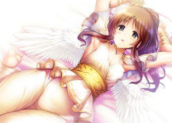 Rule 34 | 1girl, angel wings, armpits, arms up, barefoot, brown eyes, brown hair, choker, covered erect nipples, dress, idolmaster, idolmaster cinderella girls, long hair, looking at viewer, lying, ment, on back, parted lips, ponytail, sash, skindentation, solo, takamori aiko, white dress, wings