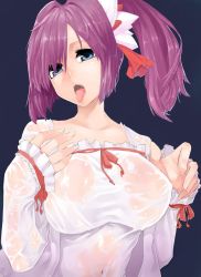 Rule 34 | 1girl, bad id, bad pixiv id, blue eyes, blush, breasts, collarbone, covered erect nipples, doku-chan (dokkudokudoku), eyelashes, highres, large breasts, navel, open mouth, original, ponytail, purple hair, saliva, see-through, shirt, simple background, solo, tongue, tongue out, wet, wet clothes, wet shirt