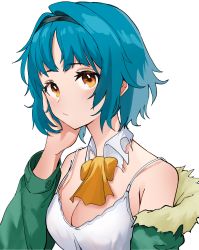 Rule 34 | 1girl, ahoge, bare shoulders, blue hair, blue hairband, breasts, brown eyes, camisole, detached collar, fur-trimmed jacket, fur trim, girls&#039; frontline, hairband, hand on own cheek, hand on own face, highres, inapple, jacket, long sleeves, looking at viewer, medium breasts, off shoulder, open clothes, open jacket, short hair, simple background, solo, strap gap, t91 (girls&#039; frontline), torn clothes, upper body, white background, white camisole
