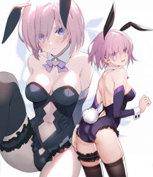 Rule 34 | 1girl, animal ears, arm warmers, ass, back, backless outfit, bare shoulders, black thighhighs, blush, breasts, bunny day, cleavage, clothing cutout, commentary, cowboy shot, detached collar, eyes visible through hair, fake animal ears, fake tail, fate/grand order, fate (series), from behind, hair between eyes, leotard, looking at viewer, looking back, mash kyrielight, medium breasts, midriff, multiple views, navel, navel cutout, open mouth, pink hair, playboy bunny, purple eyes, purple leotard, rabbit ears, rabbit tail, revision, short hair, siino, simple background, sitting, tail, thigh strap, thighhighs, white background, wrist cuffs