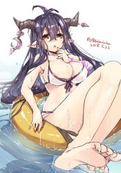 Rule 34 | 218, antenna hair, bandaged arm, bandages, bikini, breasts, crescent, danua, draph, granblue fantasy, hair between eyes, horn ornament, horns, jewelry, large breasts, long hair, pointy ears, purple hair, red eyes, solo, swimsuit