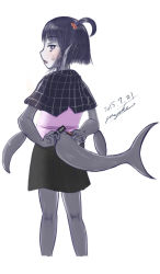 Rule 34 | 1girl, black hair, blush, capelet, female focus, from behind, highres, konzu mei, looking back, monster girl, one side up, original, pointy ears, shark girl, short hair, simple background, skirt, solo, tail, white background