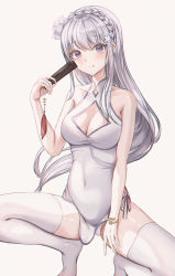 Rule 34 | 1girl, :q, absurdres, bare arms, bare shoulders, bracelet, braid, breasts, china dress, chinese clothes, cleavage, cleavage cutout, closed mouth, clothing cutout, collarbone, covered navel, dress, emilia (re:zero), flower, folded fan, folding fan, french braid, hair flower, hair ornament, hamong0, hand fan, highres, holding, jewelry, long hair, looking at viewer, medium breasts, no shoes, pelvic curtain, re:zero kara hajimeru isekai seikatsu, short dress, side-tie peek, sidelocks, simple background, sleeveless, sleeveless dress, smile, solo, squatting, thighhighs, thighs, tongue, tongue out, white background, white dress, white hair